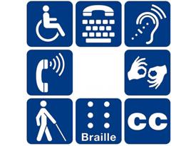 Disability Symbols, Wheelchair, TTY, Assistive Hearing, Sign Language, White Cane, Braille, Closed Captions