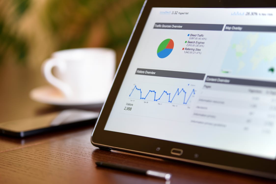 Tablet showing pie chart and line graph, blurry coffee cup in background.